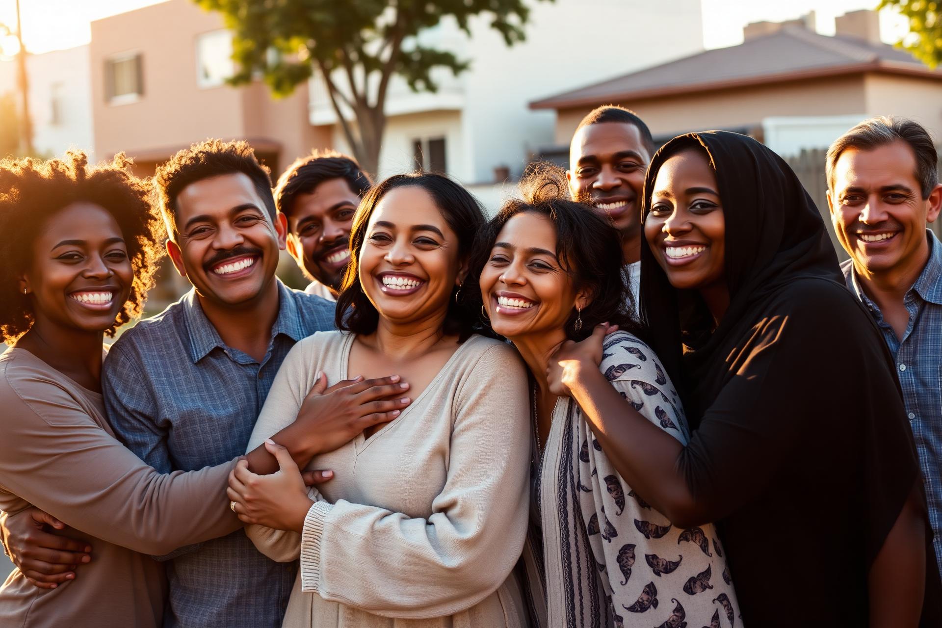 Diverse multicultural community embracing together at golden hour